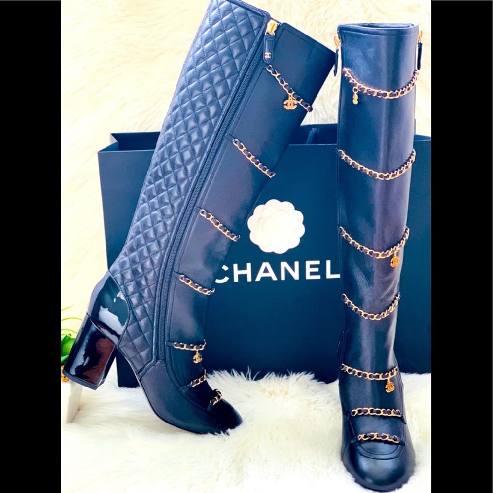 New Chanel Quilted Chain Knee High Boots